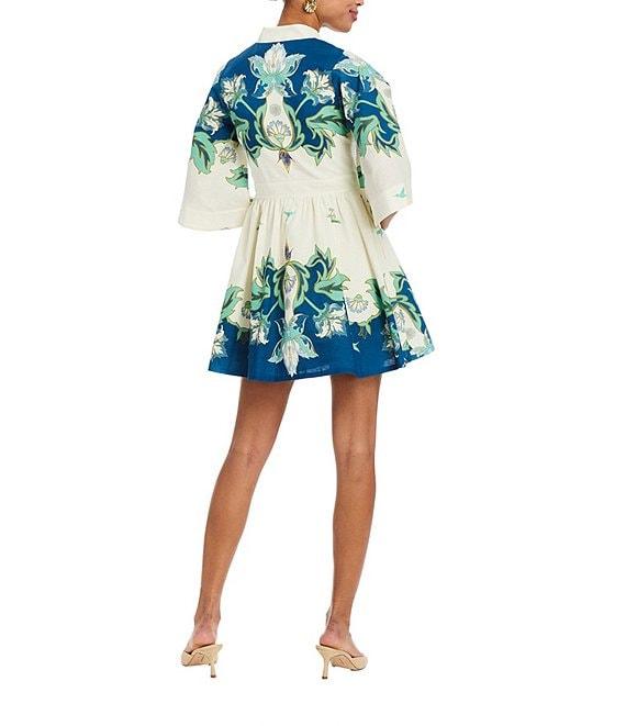 Mestiza New York Carmen Printed Button Up Mandarin Collar Butterfly 3/4 Sleeve Bow Tie Waist Linen Blend Mini A-Line Dress Product Image