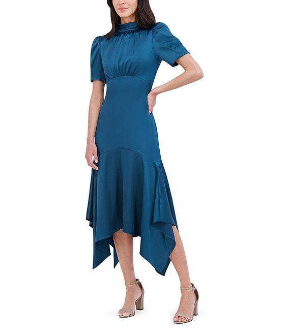 Eliza J Satin Mock Neck Short Puff Sleeve Tie Back Hanky Hem Midi Dress Product Image