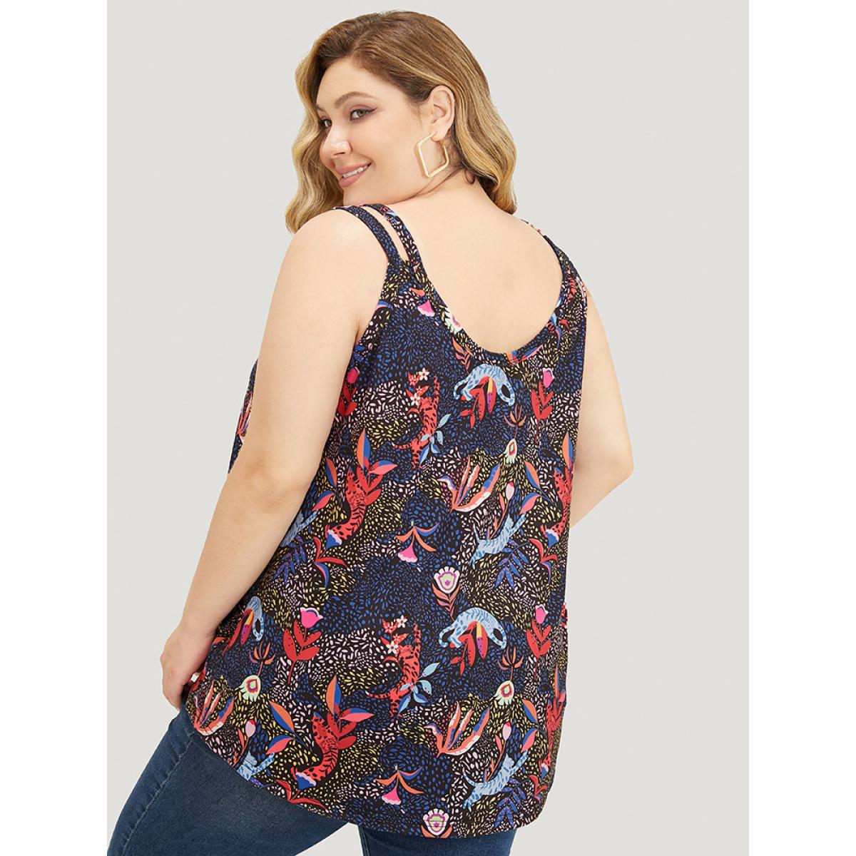 Plus Size Cat & Plant Print Sleeveless Cut Out Cami Top Women Navy Casual Cut-Out V-neck Dailywear Tank Tops Camis BloomChic 12/L Product Image