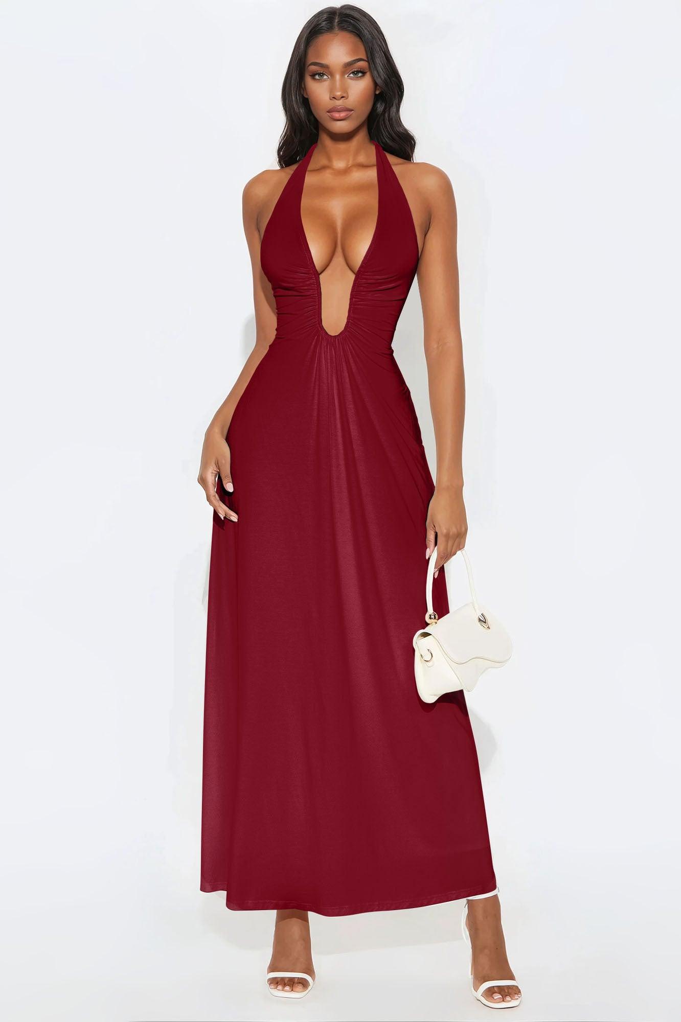 Charlotte Halter Plunge Maxi Dress - Burgundy Female Product Image