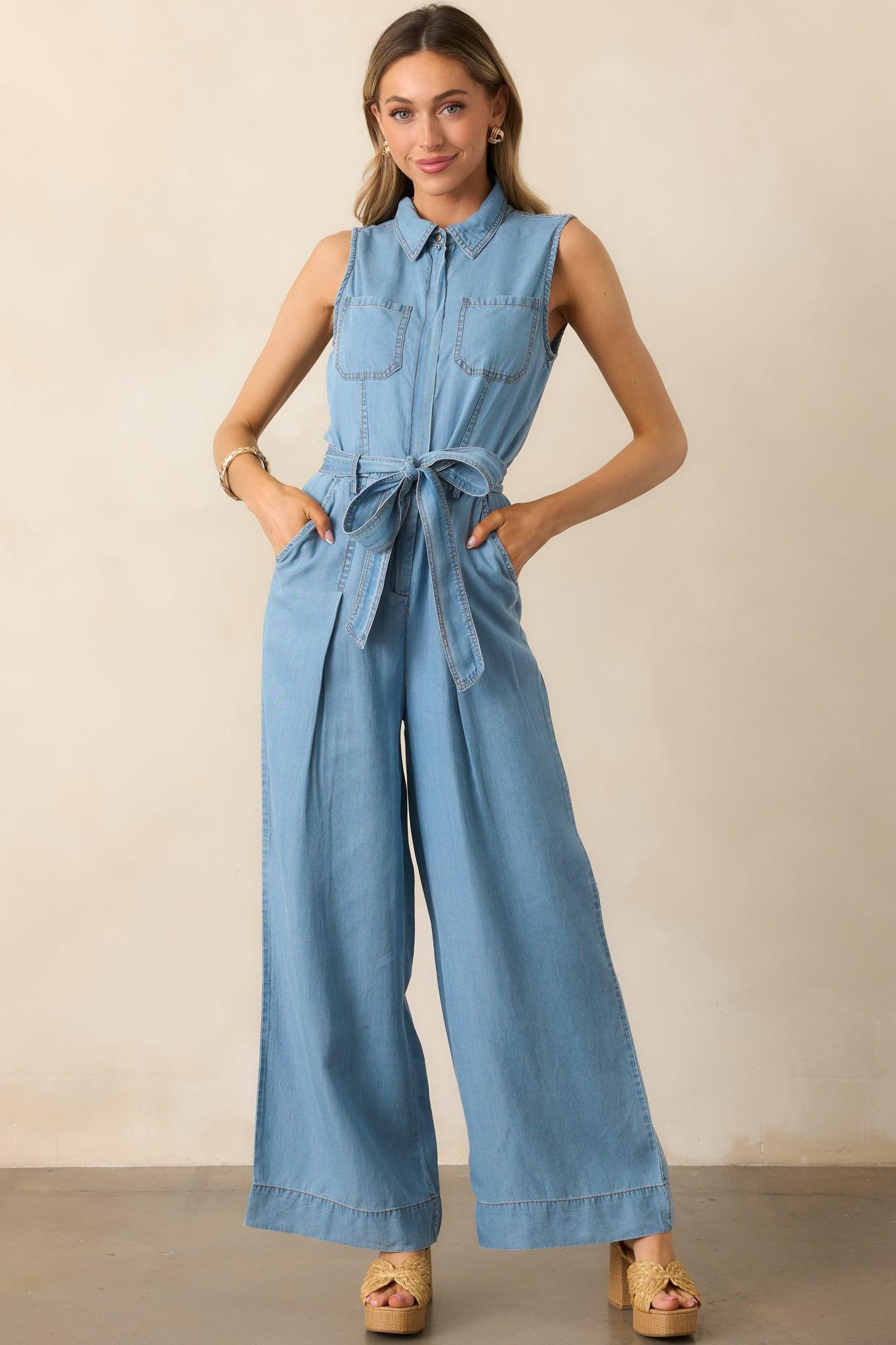 Best Foot Forward Blue Chambray Sleeveless Jumpsuit Product Image