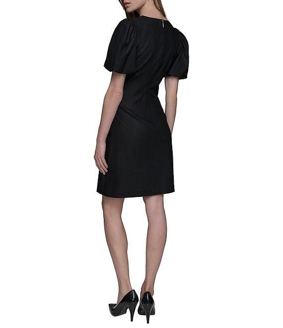 KARL LAGERFELD PARIS Linen Blend Crew Neck Short Sleeve Bow Sheath Mini Dress Product Image