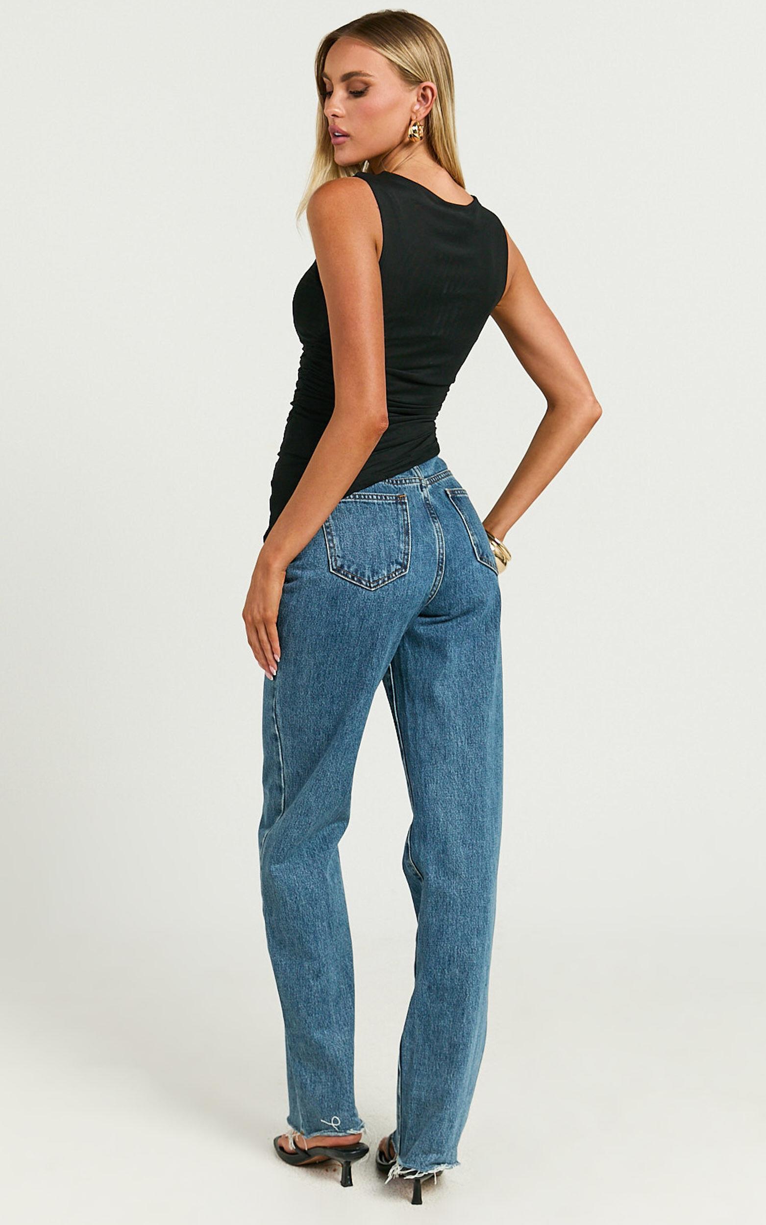 Alexis Top - Boat Neck Ruched Asymmetric Mesh Top in Black Product Image