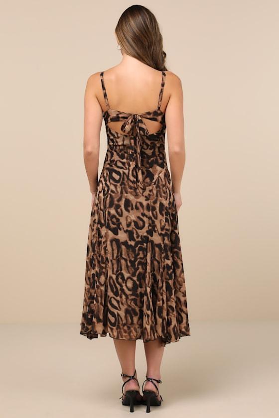 Enticing Invite Brown Leopard Print Pleated Midi Dress Product Image