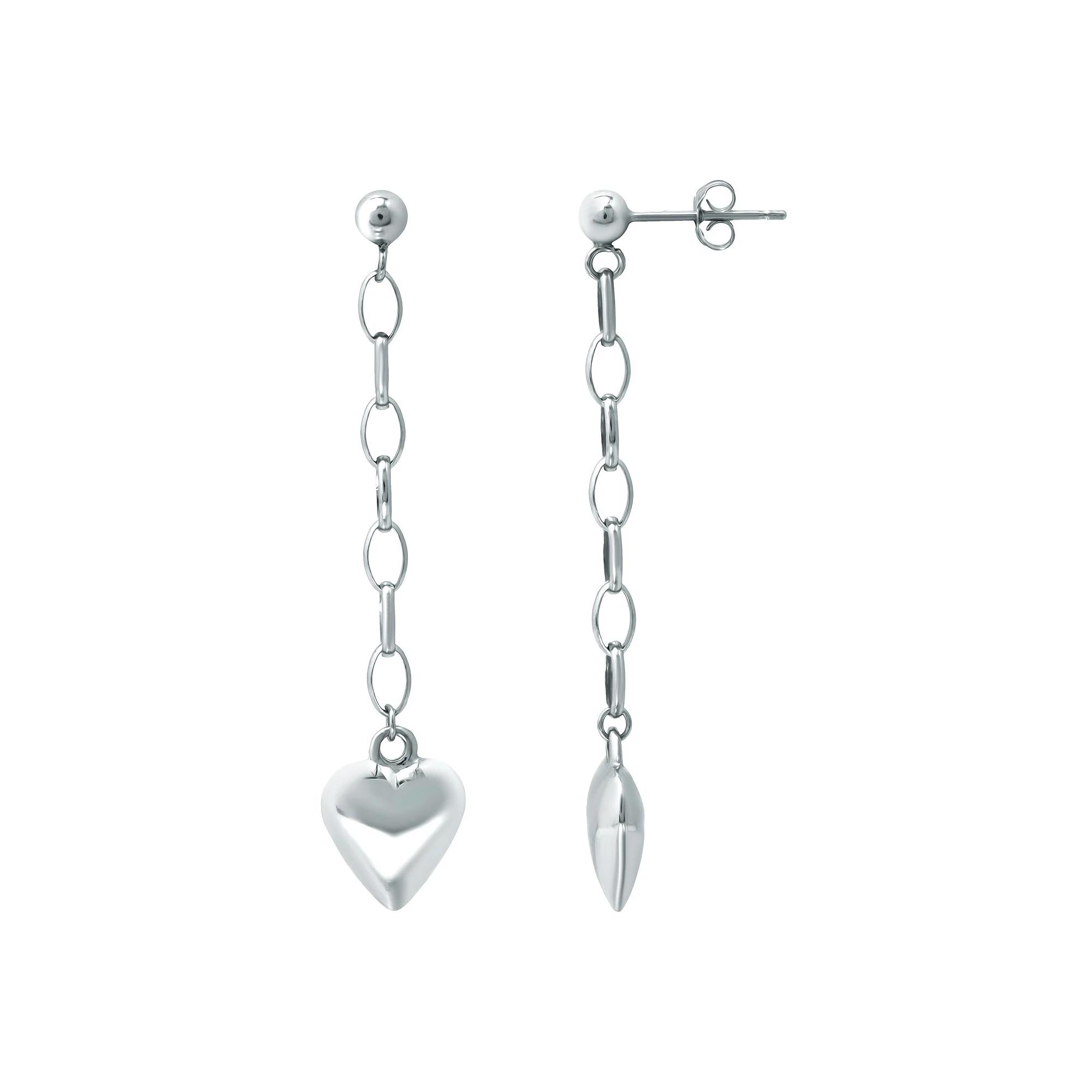 Aleure Precioso Puffy Heart on Chain Drop Earrings, Women's, Silver Tone Product Image