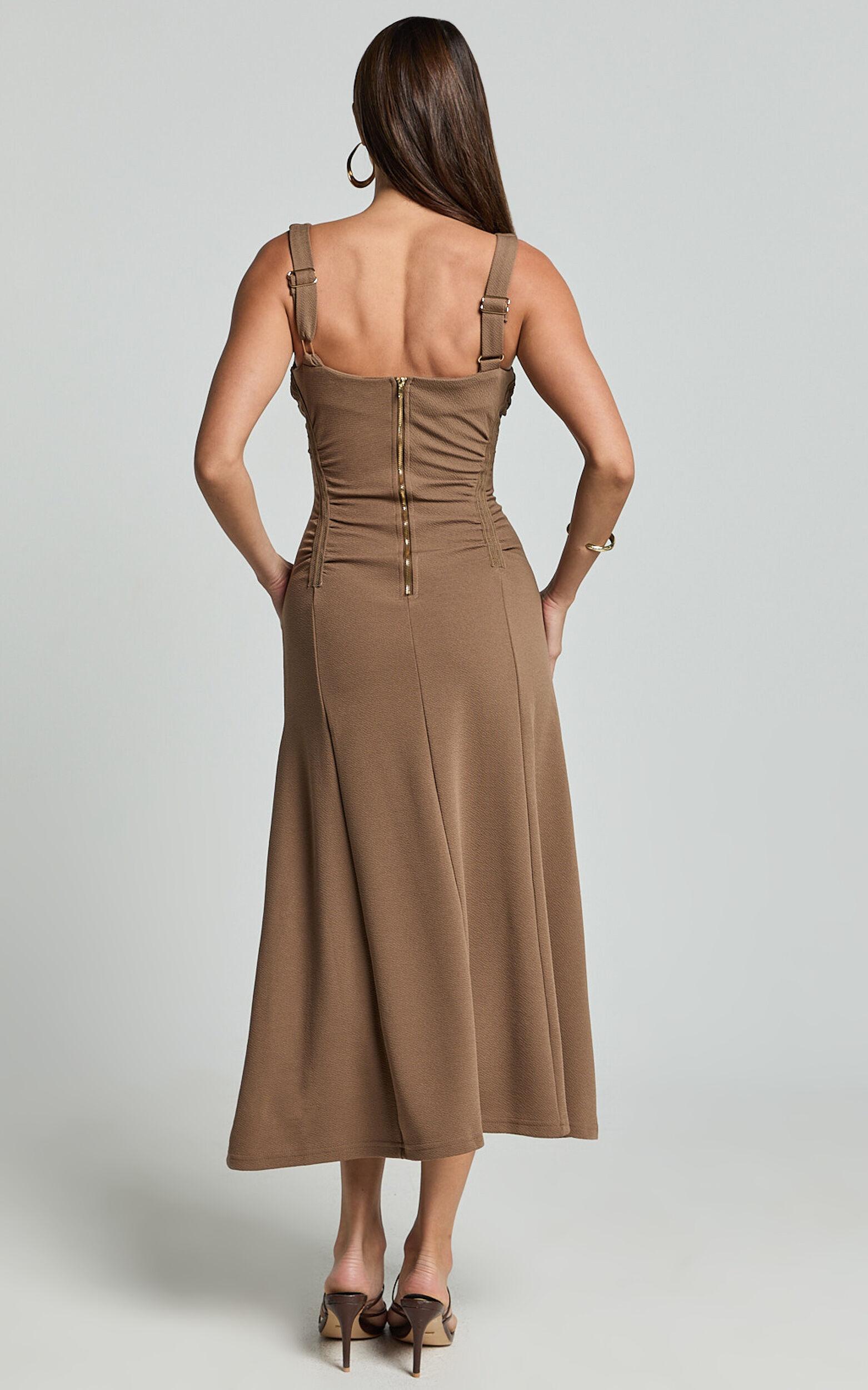 Jacel Midi Dress - Ruched Fit And Flare Dress in Mocha Product Image