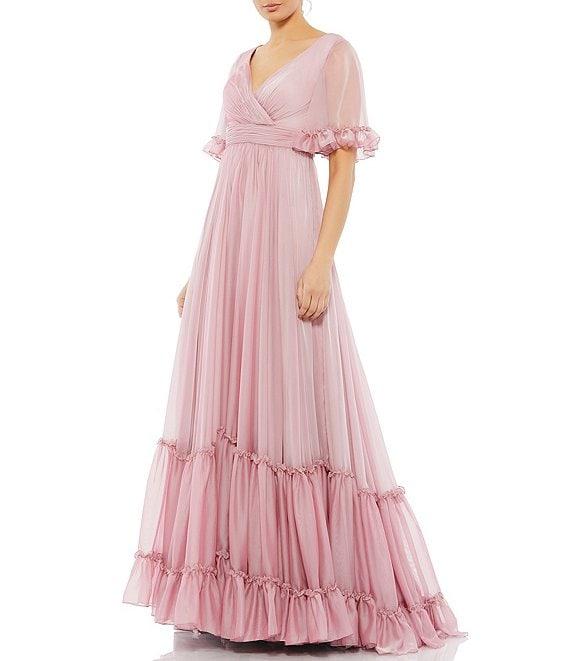 Mac Duggal Surplice V-Neck Short Sleeve Butterfly Ruffle Trim Gown Product Image