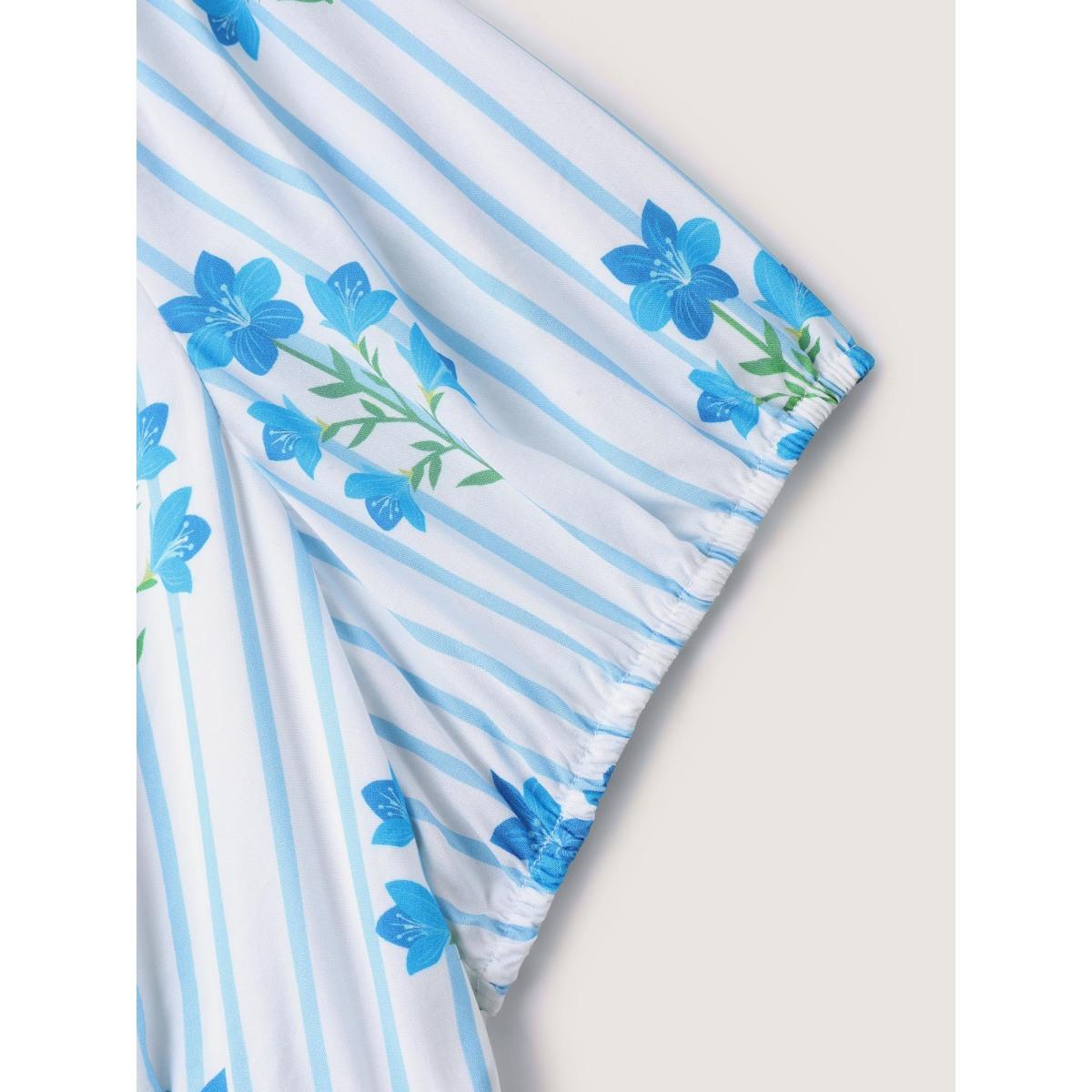 Plus Size Stripe Floral Notched Neck Tie Midi Dress Skyblue Women Notched collar Short sleeve Curvy BloomChic 26/4X Product Image