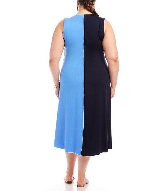 Karen Kane Plus Size Colorblock Crew Neck Sleeveless A-Line Midi Dress Product Image