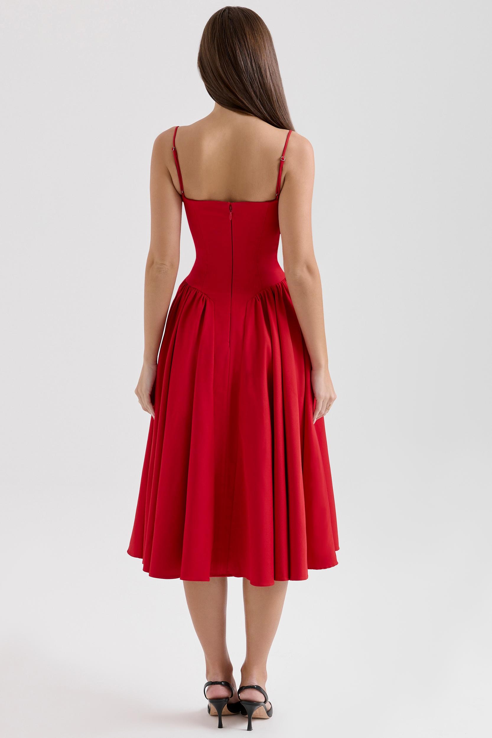 Samaria  red gathered midi dress Product Image