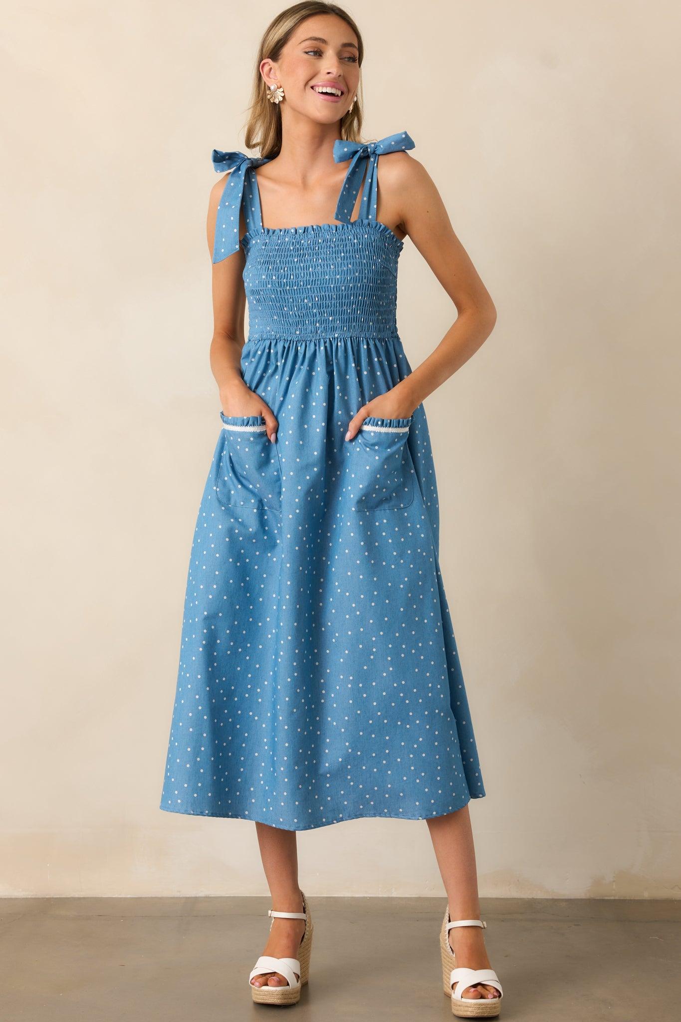 Picnic in The Park Blue Polka Dot Midi Dress Product Image