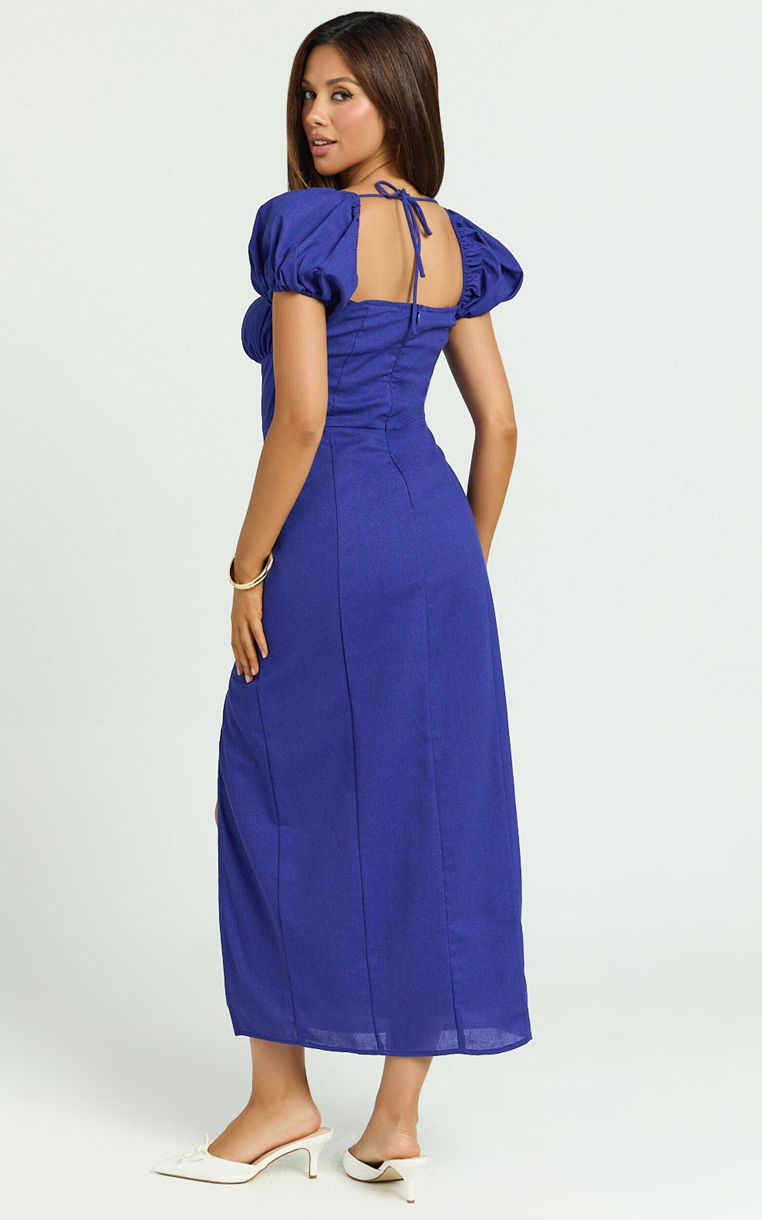 Robin Midi Linen Blend Dress - Puff Sleeve High Split Dress in Navy Product Image