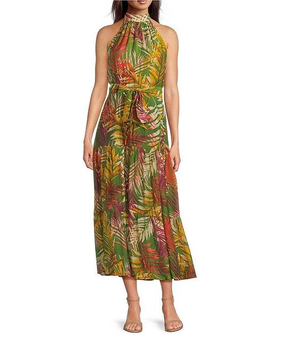 Anne Klein Halter Neck Sleeveless Tropical Print Chiffon Tiered Maxi Dress Product Image