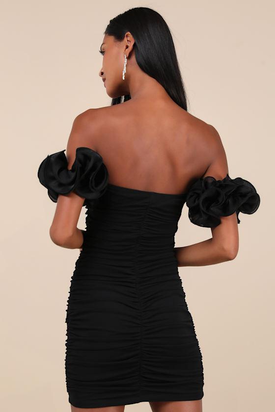 Upscale Muse Black Mesh Ruched Off-the-Shoulder Mini Dress Product Image