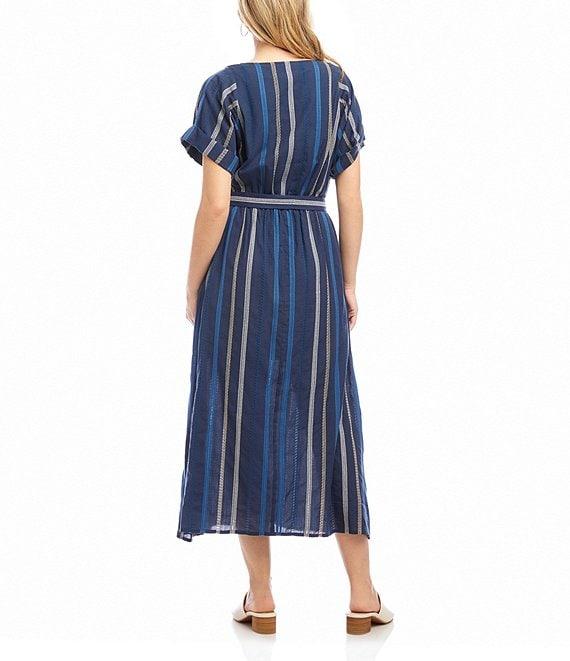 Karen Kane Cotton Embroidered Cuffed Sleeve Faux Wrap Midi Dress Product Image
