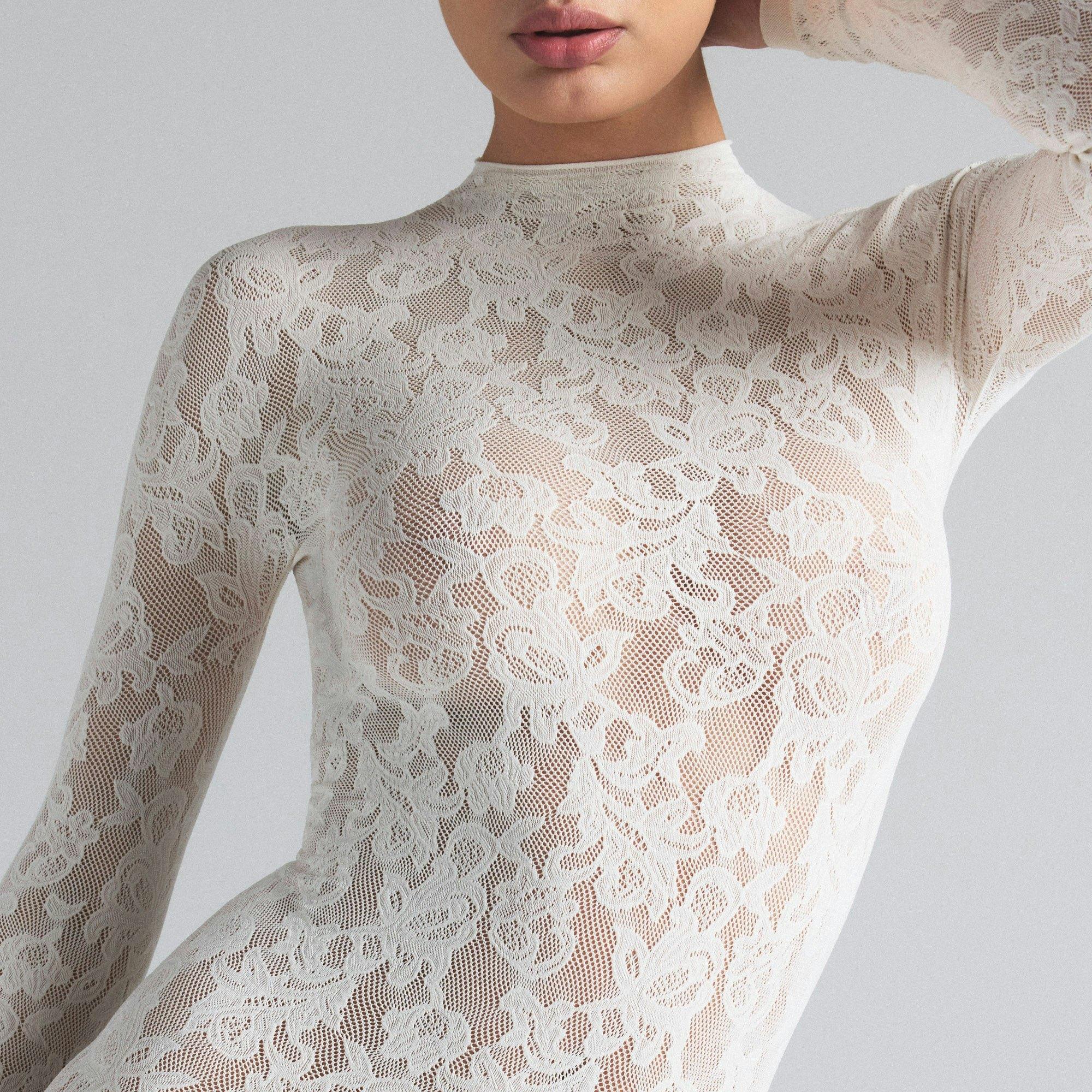 KNIT LACE MOCK NECK DRESS | IVORY Product Image
