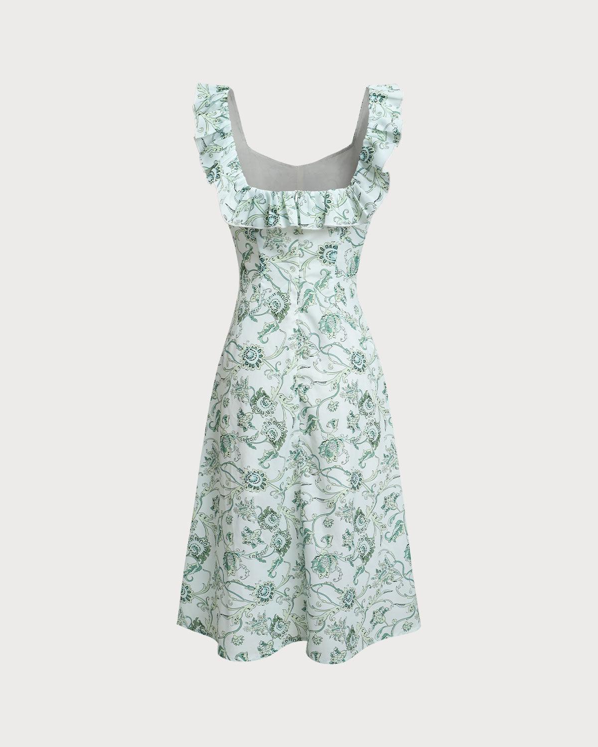 Green Floral Square Neck Ruched Midi Dress Product Image