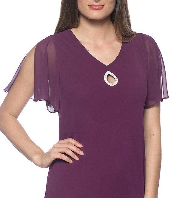 Marina Tiered Chiffon Rhinestone Keyhole V-Neck Flutter Short Sleeve Dress Product Image