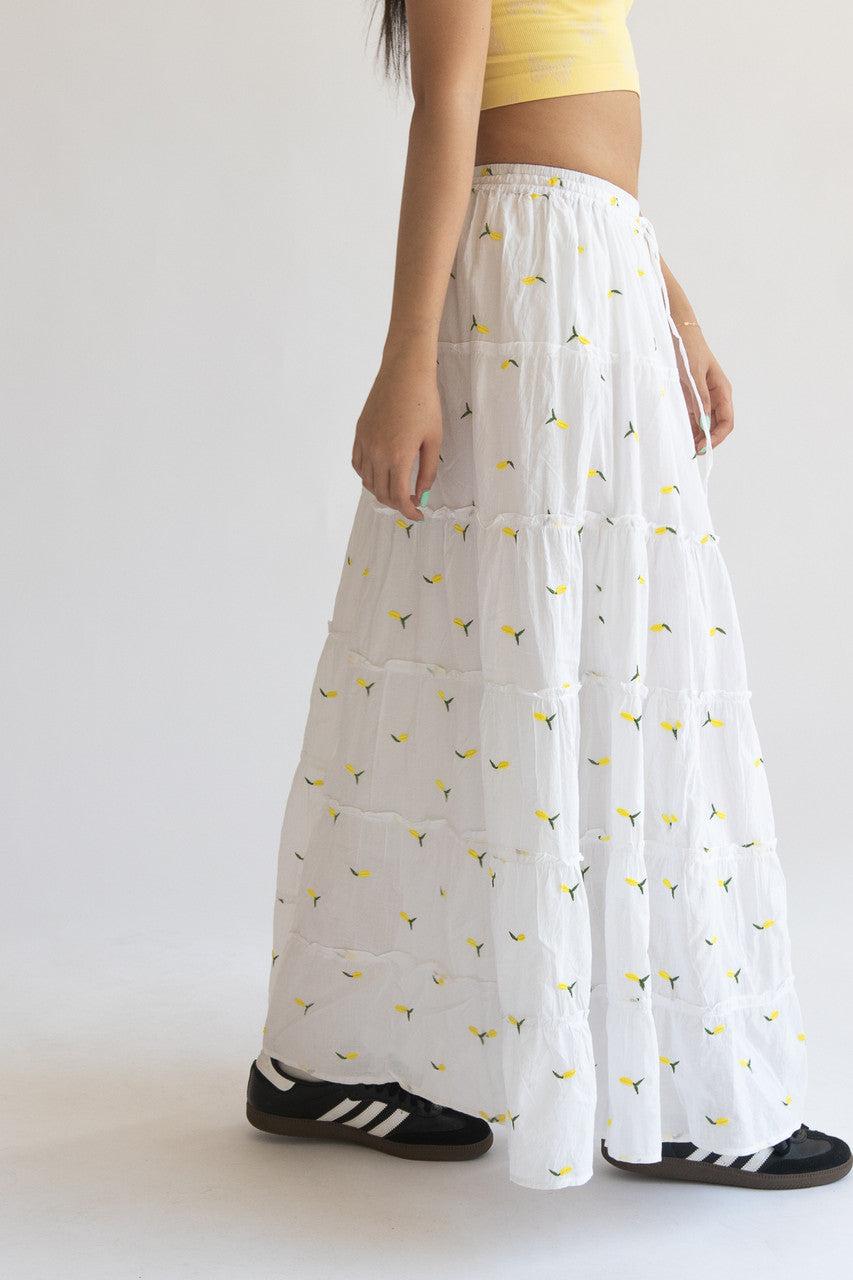 Embroidered Lemon Tiered Maxi Skirt Product Image