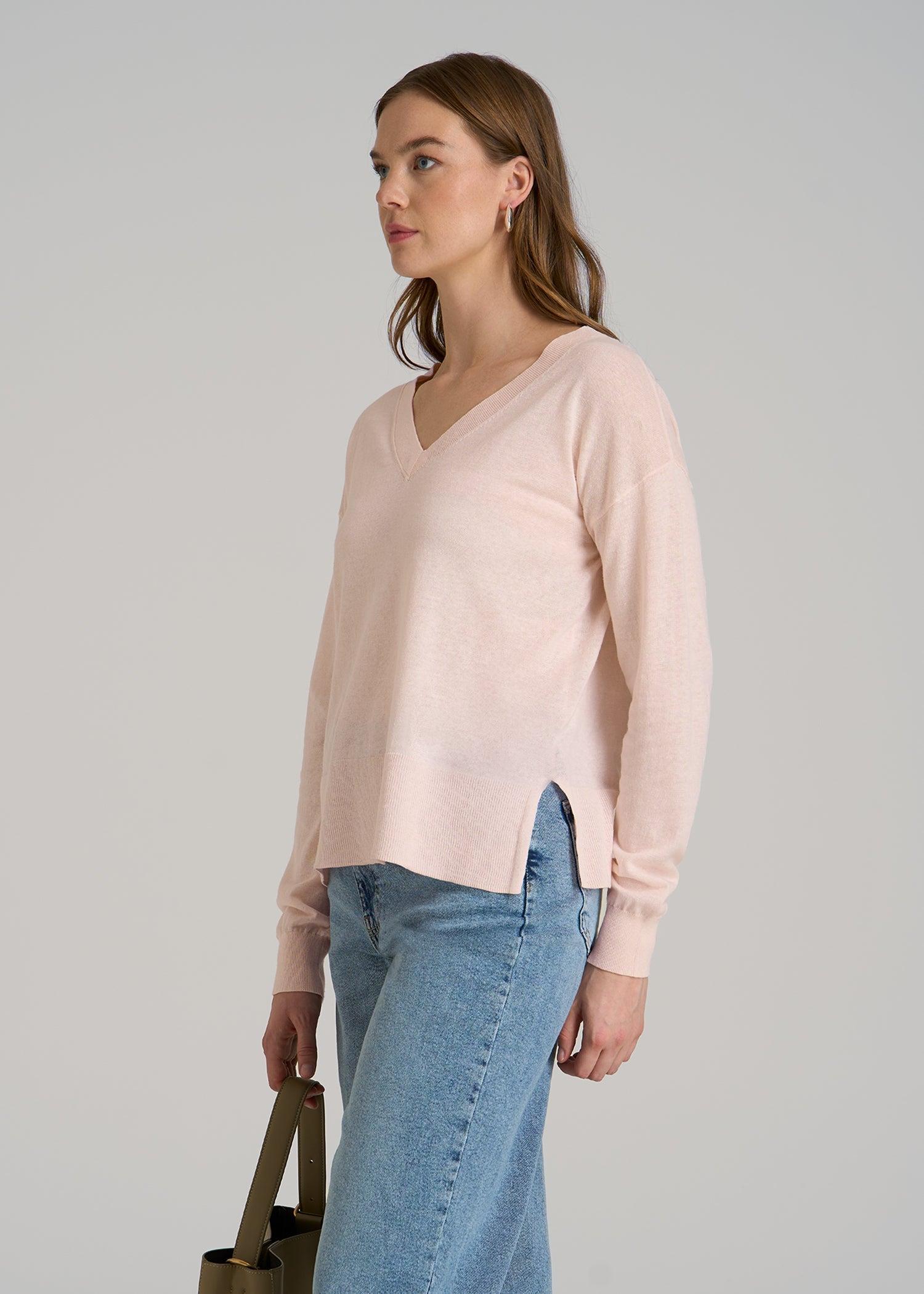 Linen Blend Split Hem V-Neck Sweater for Tall Women in Hush Pink Female Product Image