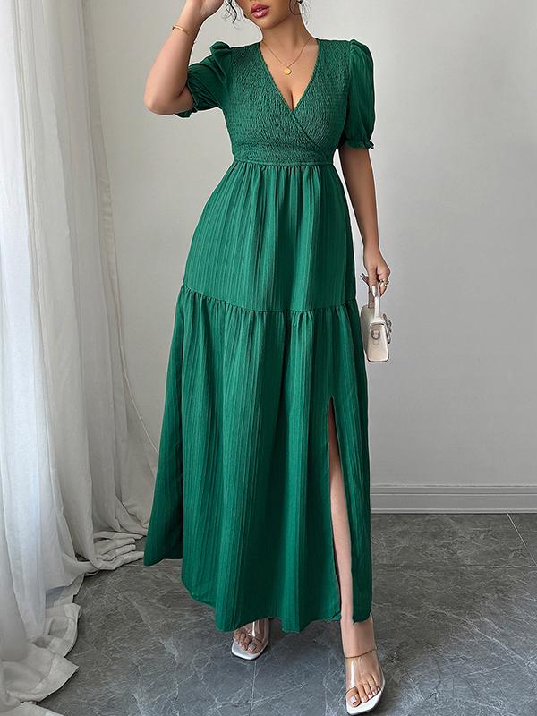 Half Sleeves High Waisted Pleated Solid Color Split-Front V-Neck Maxi Dresses Product Image