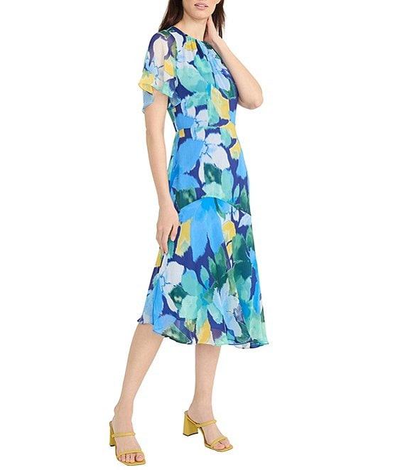 Maggy London Floral Print Round Neckline Short Sleeve Asymmetrical Hem Midi Dress Product Image