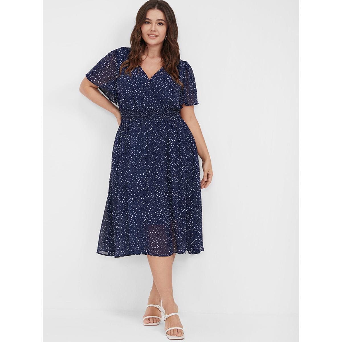 Polka Dot Button Pocket Shirred Ruffles Wrap Dress Product Image