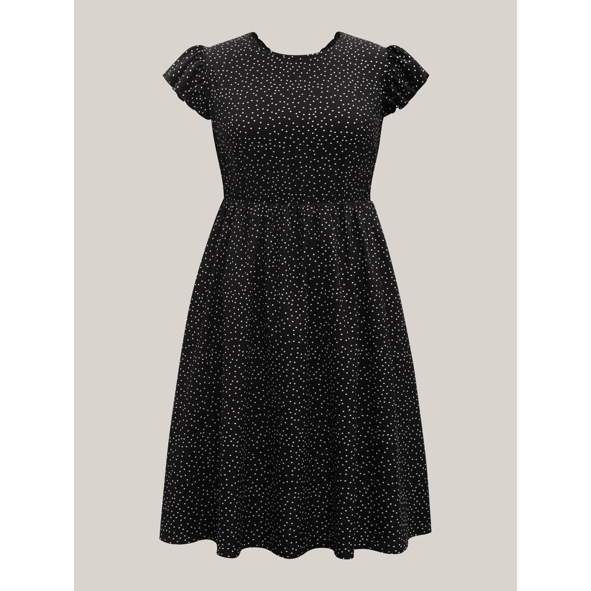 Plus Size Sheer Cut-Out Back Pockets Midi Dress Black Women Elegant Woven ribbon&lace trim Round Neck Cap Sleeve Curvy BloomChic 26/4X Product Image