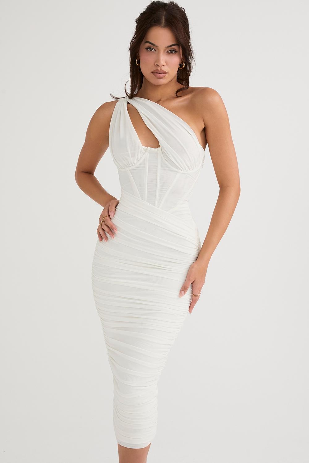 Valentina  ivory asymmetric cutout midi dress Product Image