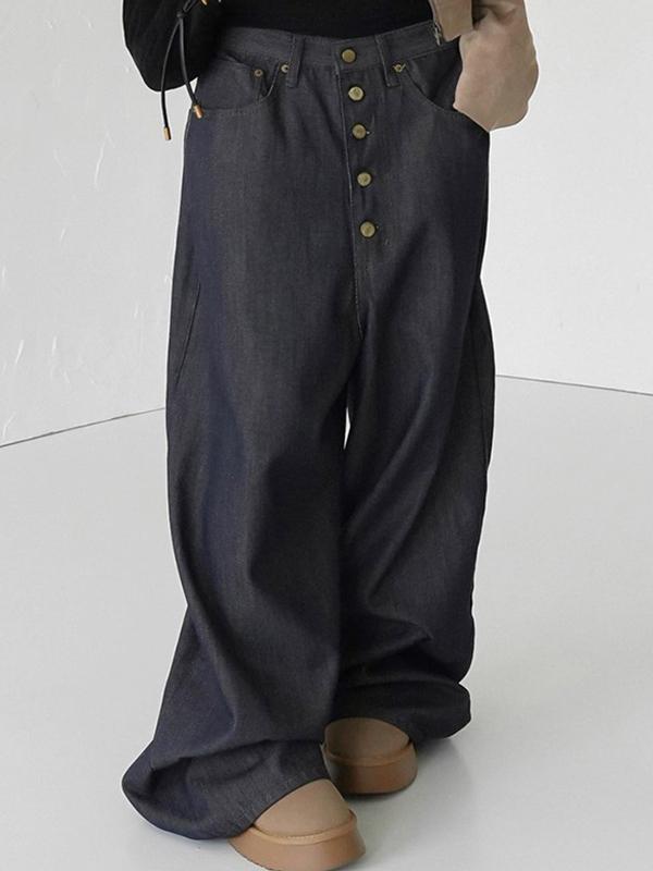 Vintage Style Single-Breasted Design Boyfriend Jeans Product Image