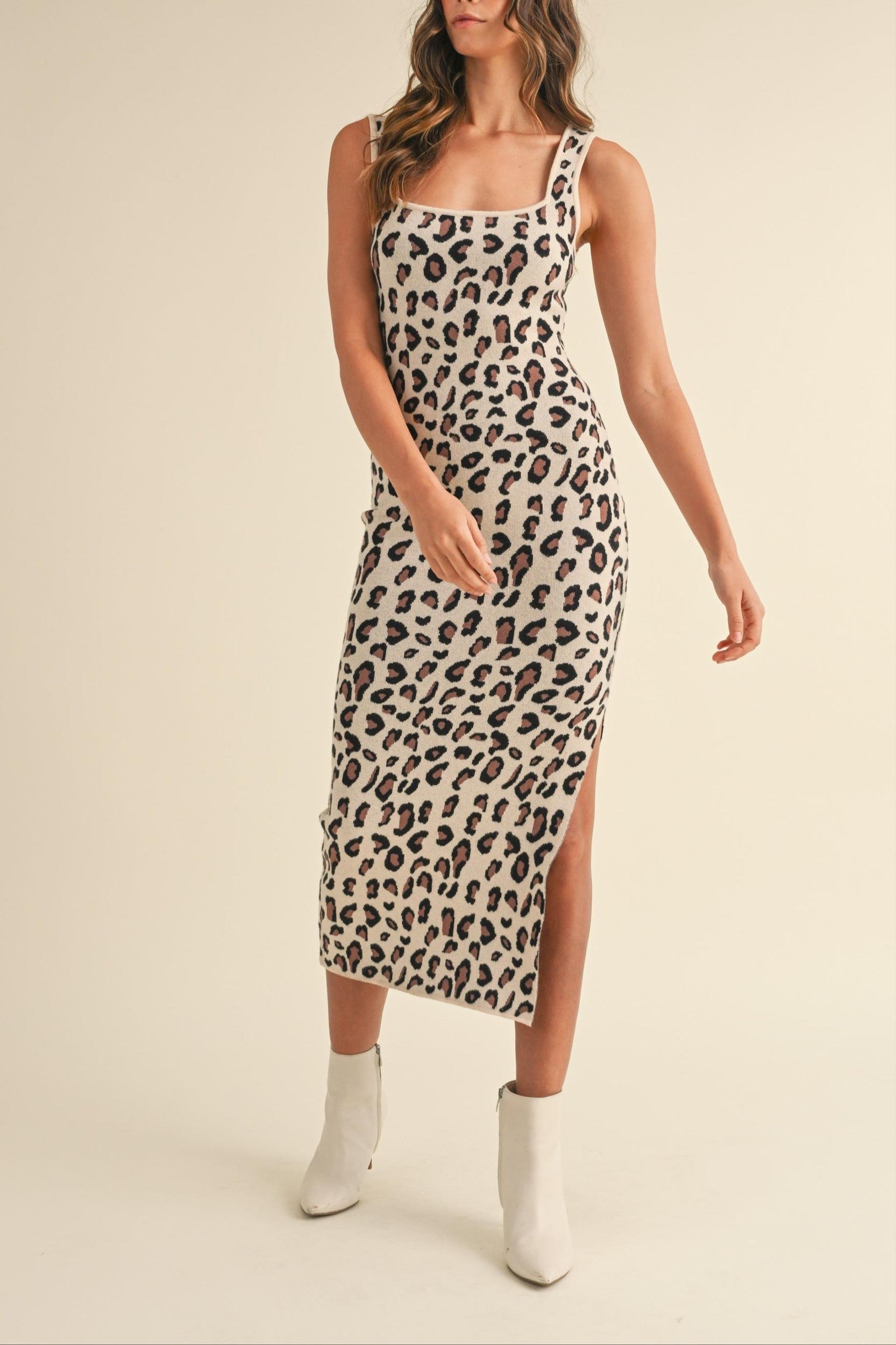 Leopard Sweater Knit Bodycon Midi Dress Product Image