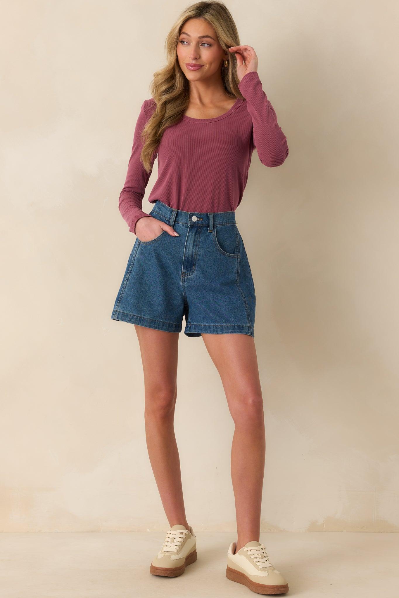 Doing It My Way Dark Wash Cotton High Waisted Denim Shorts Product Image