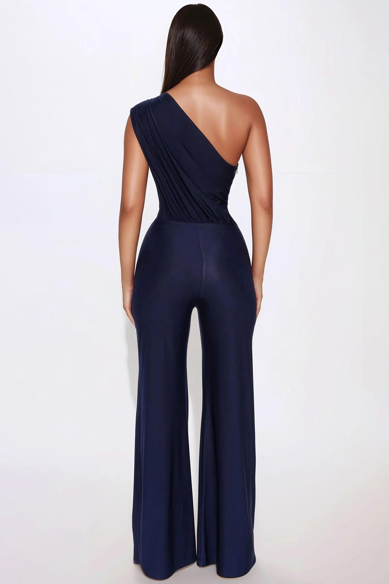 Marisol Wide Leg One Shoulder Jumpsuit - Navy Product Image