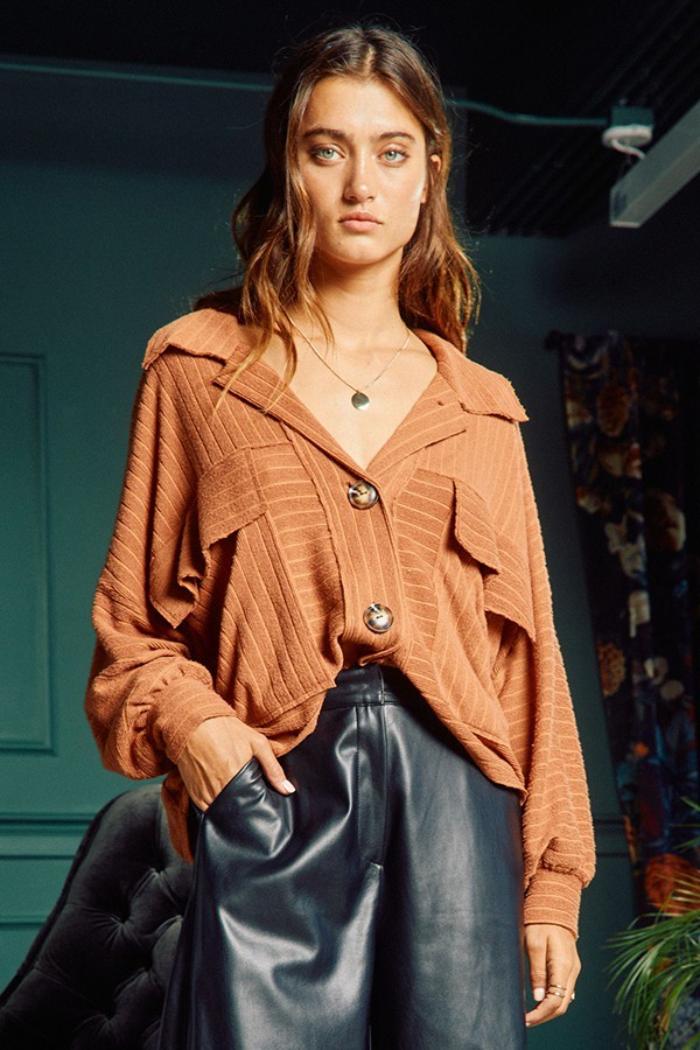 Soft Solid Rib Knit Cropped Shacket Product Image