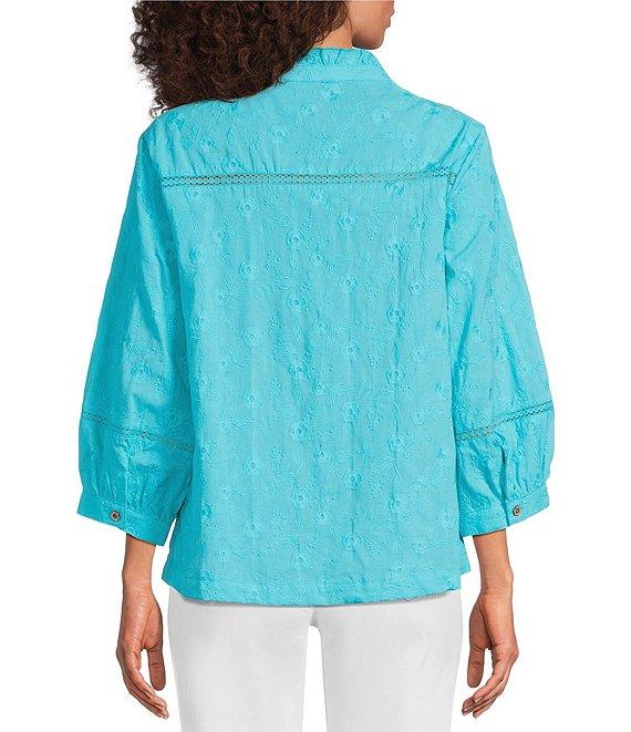 Ali Miles Embroidered Eyelet Floral Stand Collar 3/4 Sleeve Button- Front Tunic Product Image