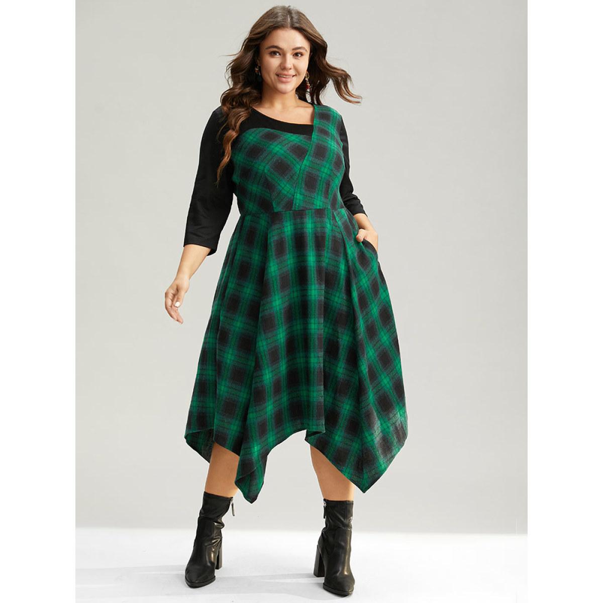 Plus Size Christmas Plaid Asymmetrical Patchwork Hanky Hem Dress DarkGreen Women Casual Patchwork Asymmetrical Neck Elbow-length sleeve Curvy Midi Dress BloomChic 10/M Product Image