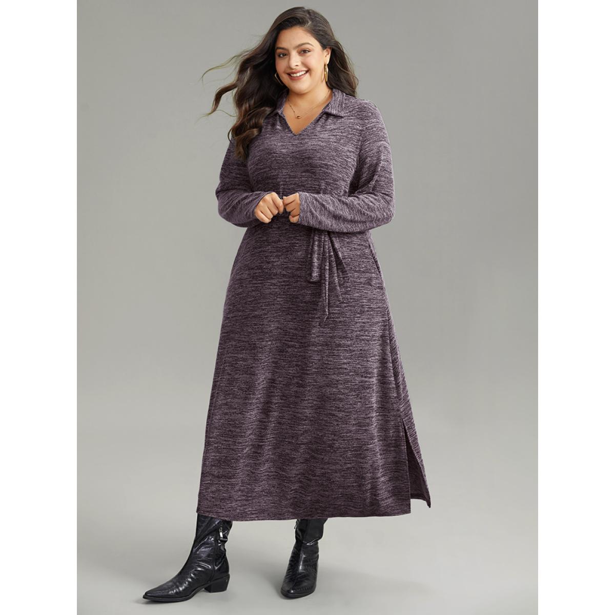 Plus Size Solid Pocket Elastic Waist Ties Split Hem Dress Purple Women Casual Plain Lapel Collar Long Sleeve Curvy Midi Dress BloomChic 14-16/1X Product Image