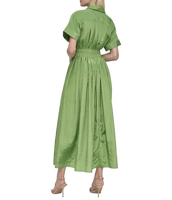 DKNY by Donna Karan Point Collar Neck Short Sleeve Cinch Waist Button Front Shirt Maxi Dress Product Image