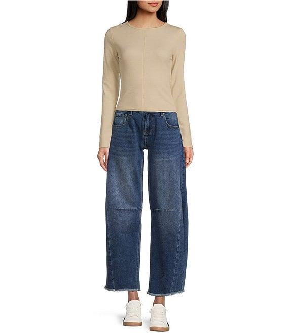 Prosperity Denim Mid Rise Frayed Hem Barrel Jeans Product Image