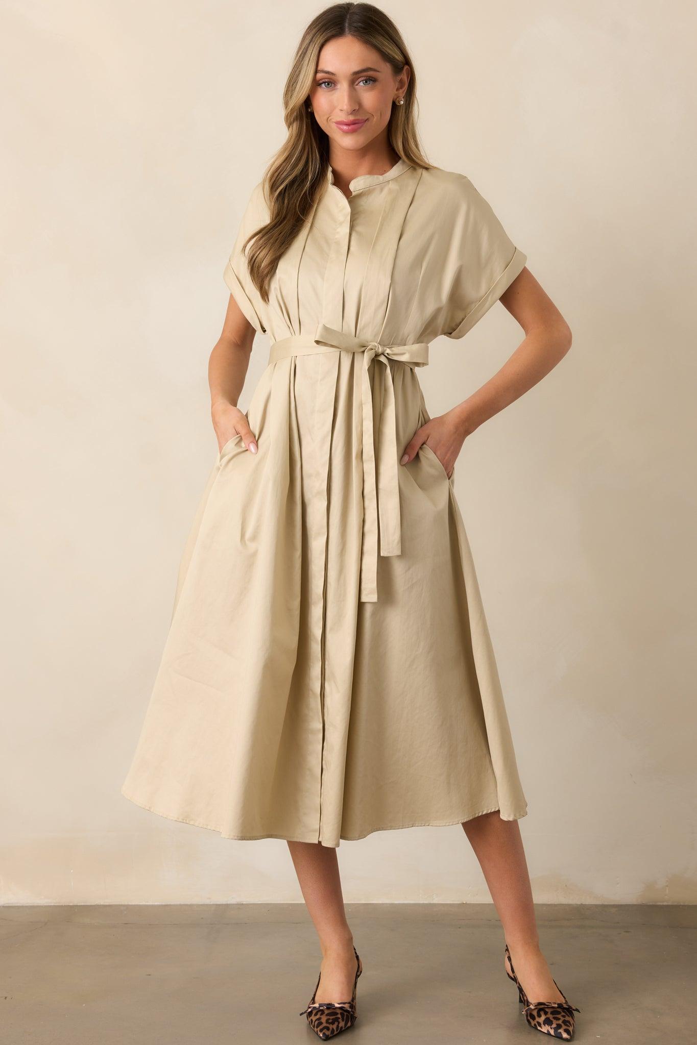 Late Nights Beige Cotton Button Front Midi Dress Product Image