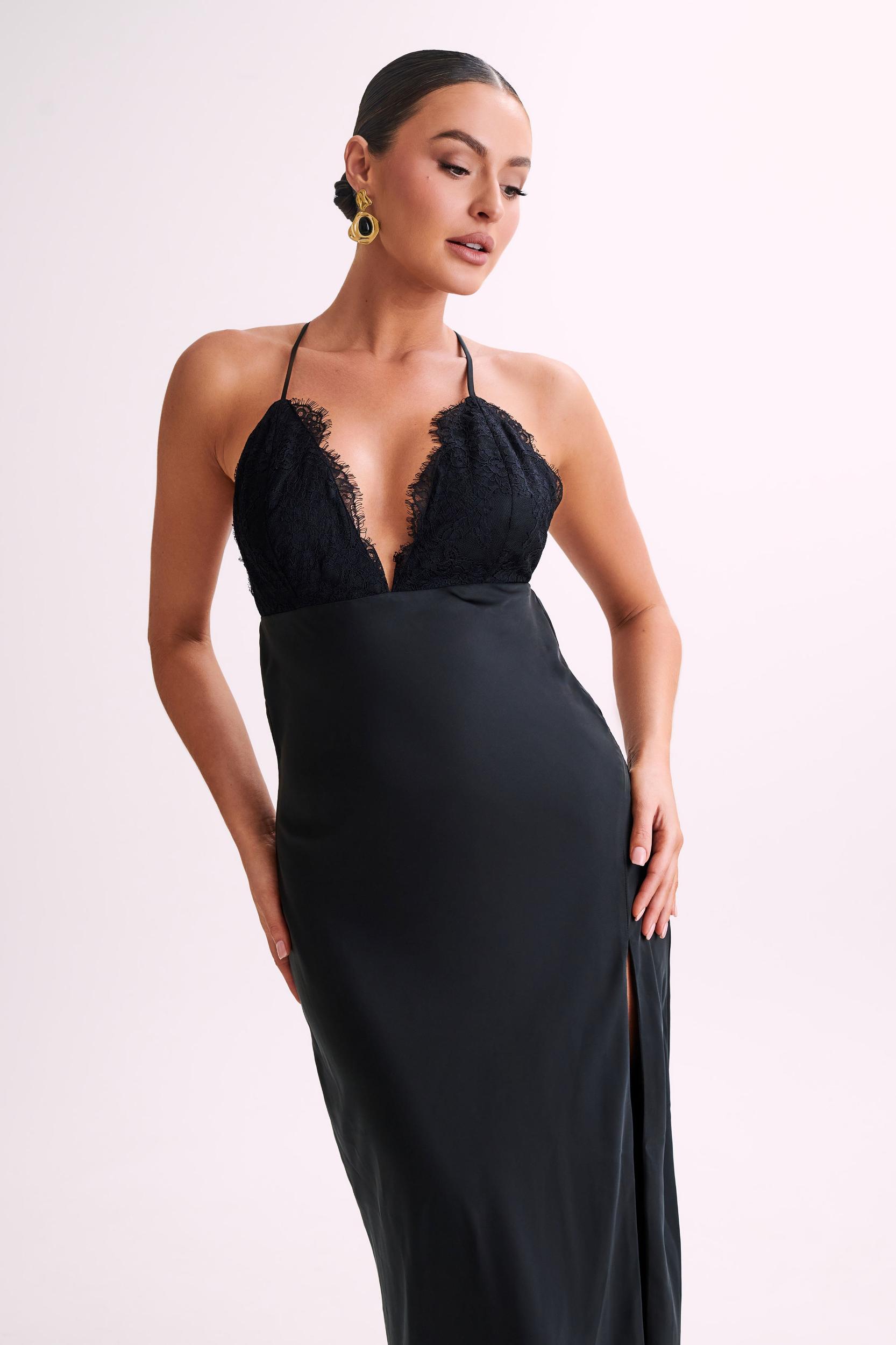 Gina Satin Slip Maxi Dress With Lace - Black Product Image