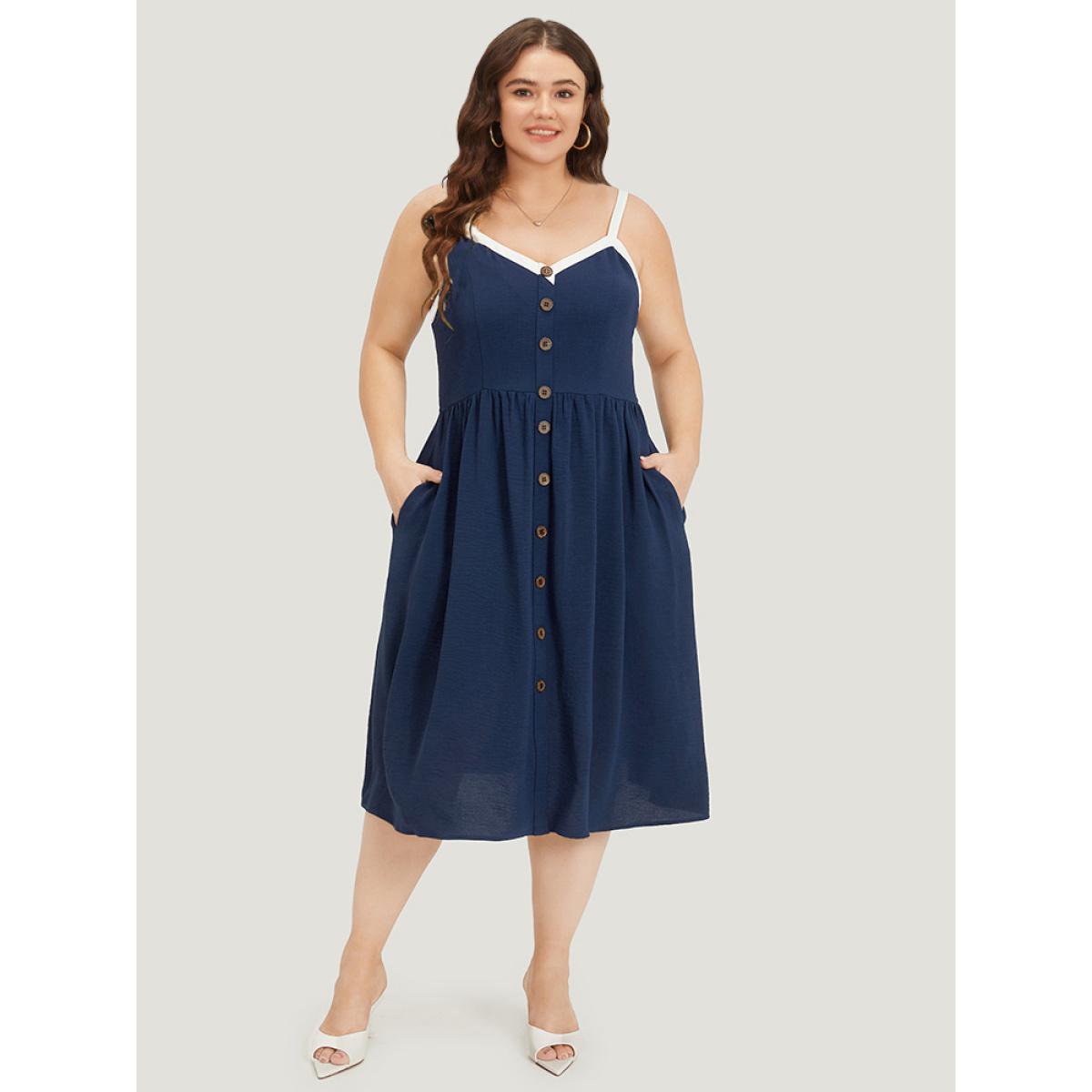 Plus Size Contrast Trim Pocket Button Detail Gathered Cami Dress Indigo Women Office Adjustable Straps Spaghetti Strap Sleeveless Curvy Midi Dress BloomChic 18-20/2X Product Image