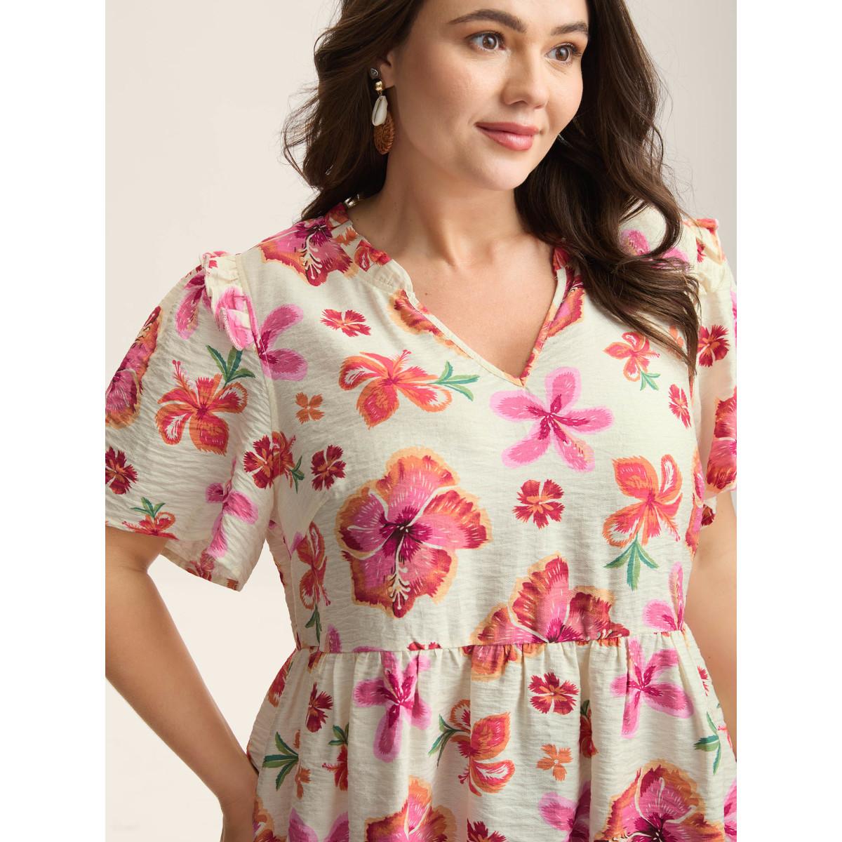 Plus Size Multicolor Large Floral Print Notched Collar Blouse Women Short sleeve Notched collar Vacation Blouses BloomChic 18-20/2X Product Image