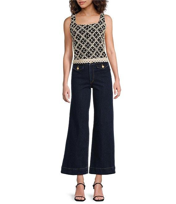 Skies Are Blue Printed Square Neck Sleeveless Crochet Trim Top Product Image