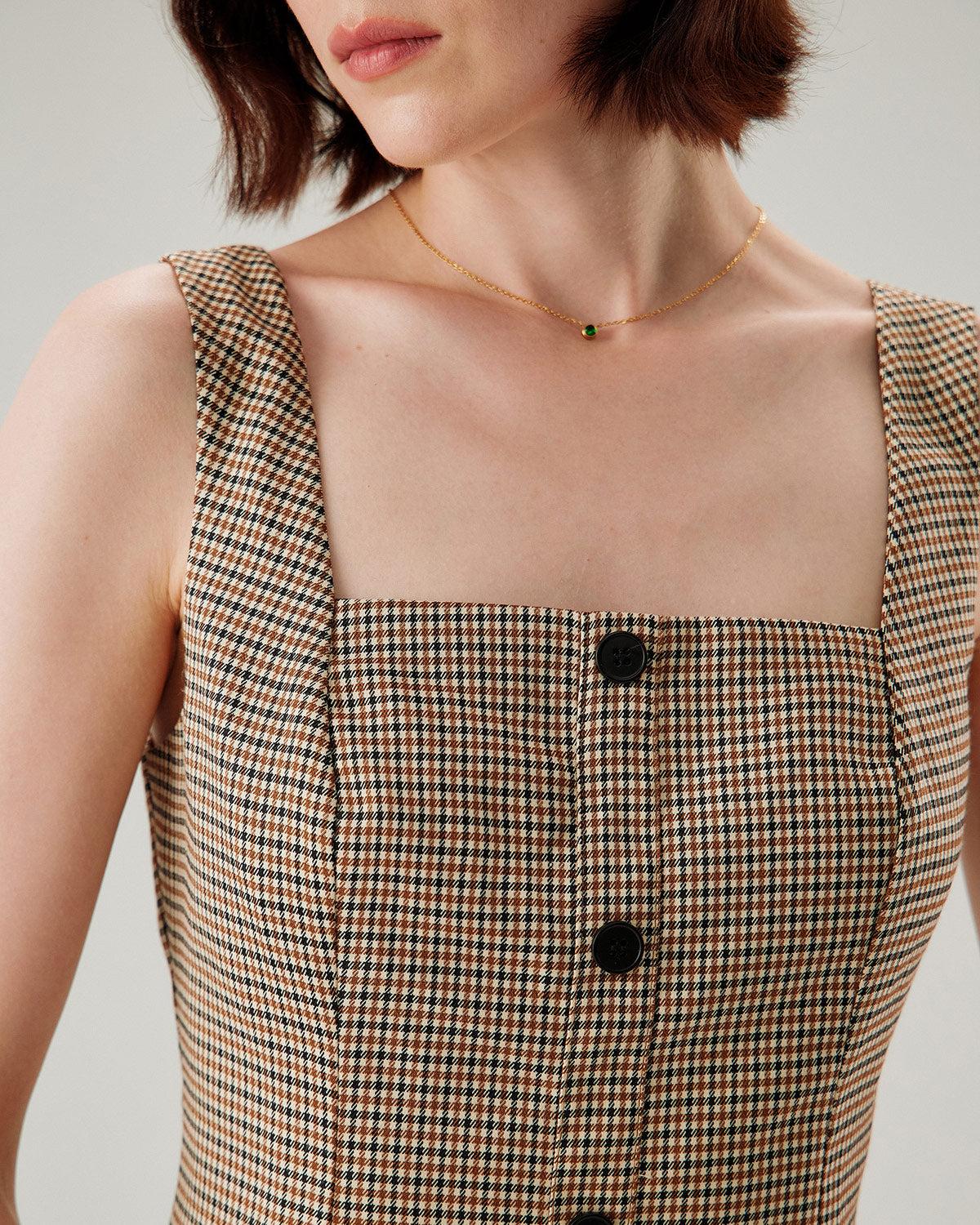 Brown Plaid Button Slip Mini Dress Product Image