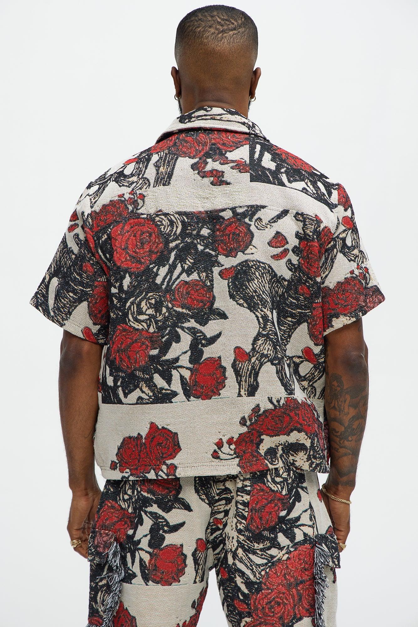 Petals Tapestry Short Sleeve Button Up Shirt - Red/combo Product Image