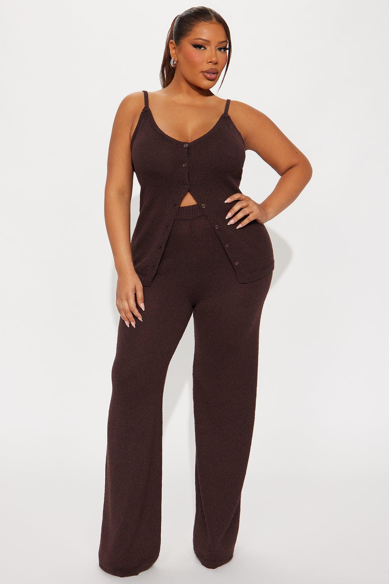 Bella Button Front Knit Pant Set - Chocolate Female Product Image