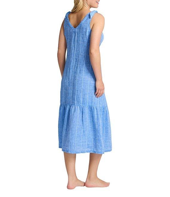 Tommy Bahama Linen Stripe V-Neck Sleeveless Bow Shoulder Midi Dress Swim Cover-Up Product Image