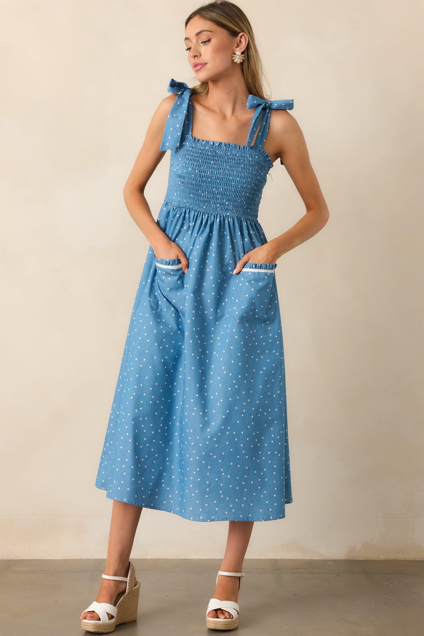Picnic in The Park Blue Polka Dot Midi Dress Product Image