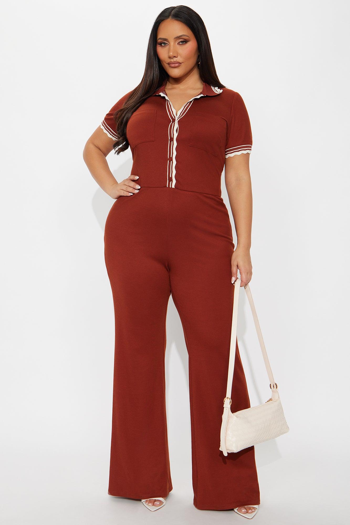 Juliette Ribbed Flare Leg Jumpsuit - Rust Female Product Image